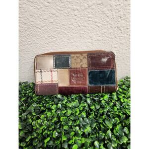 COACH Signature Holiday Patchwork Wallet Leather & Suede Rare Fair Condition